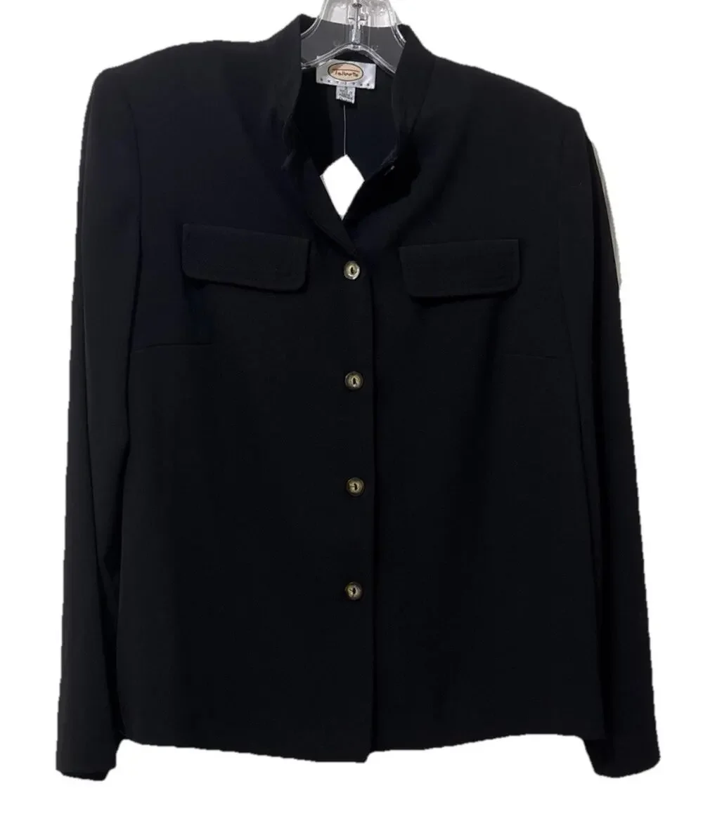 Talbots Petites Black Blazer Mandarin Collar Flap Pockets Size 2P Button Up Top